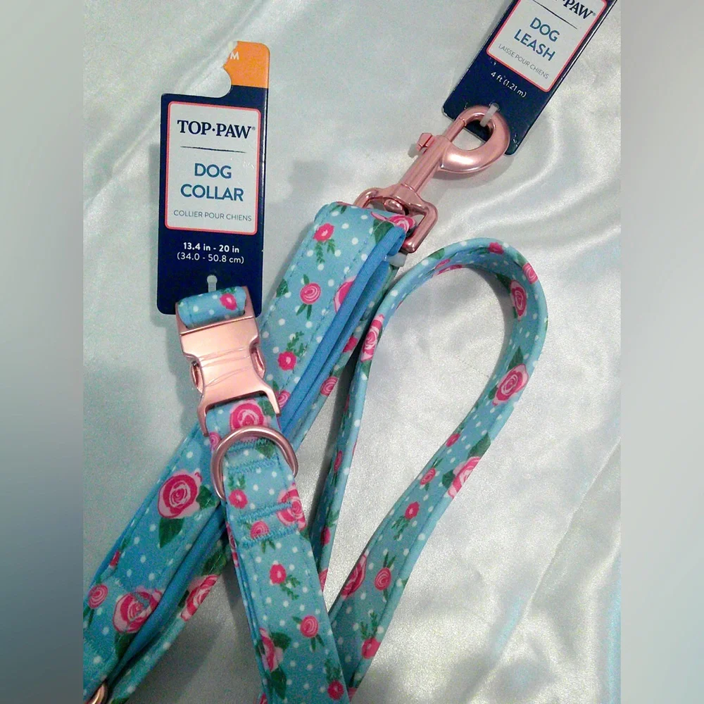 Top Paw Blue Rose Dog Collar (M) and Leash Set